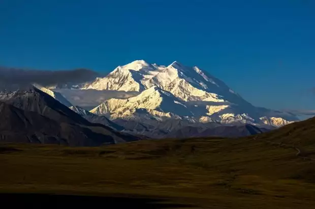 Mountain range with snowy peaks at Denali National Park Alaska. 