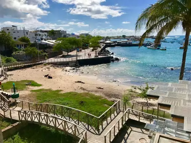 View from above of a sandy/rocky beach with a walking bridge with buildings, piers and several small boats anchored on San Cristobal Island.