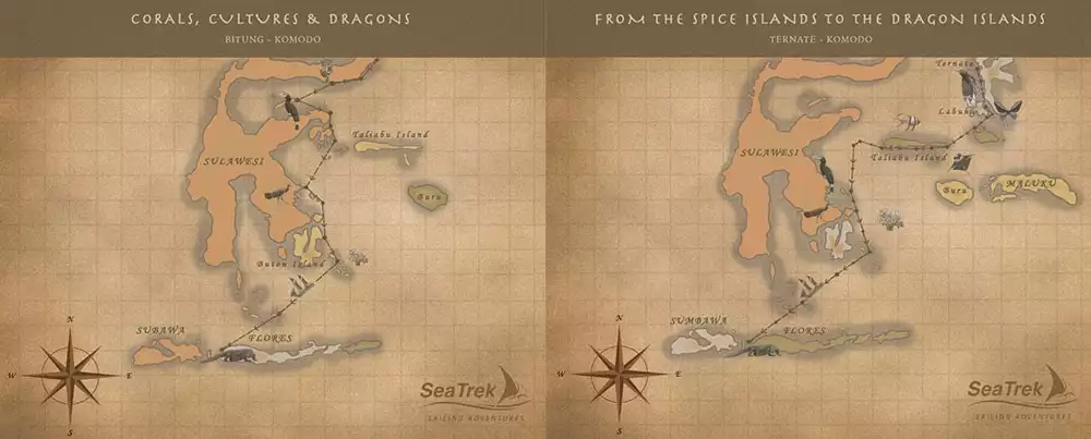 Side by side sepia maps showing southbound cruise route from Bitung and Ternate to Komodo