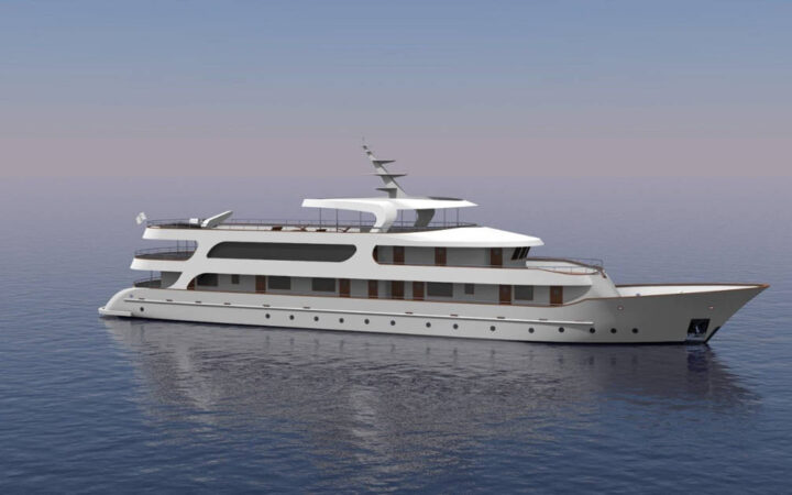 Rendering of deluxe Mediterranean yacht Adriatic Sky, showing exterior starboard side with four passenger decks.