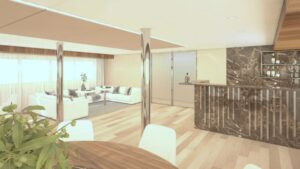 Rendering of deluxe Mediterranean yacht Adriatic Sky, showing lounge area off of Dining Room, with sectional white leather couch, two tables, marble-accented bar, wooden flooring and plenty of sunlight.