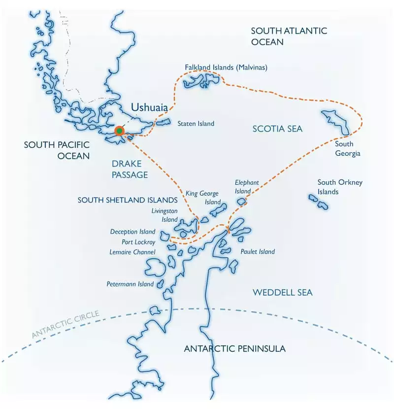 Route map for 20-Day Classic South Georgia small ship cruise itinerary, operating round-trip from Ushuaia, Argentina, with visits to the Falklands & Antarctic Peninsula.