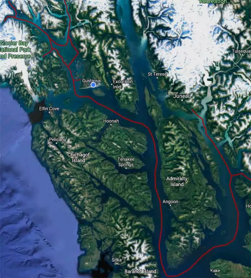 Route map of 10- & 11-day Sea Wolf Juneau to Glacier Bay or reverse small ship cruise, with stops along Alaska's Inside Passage.