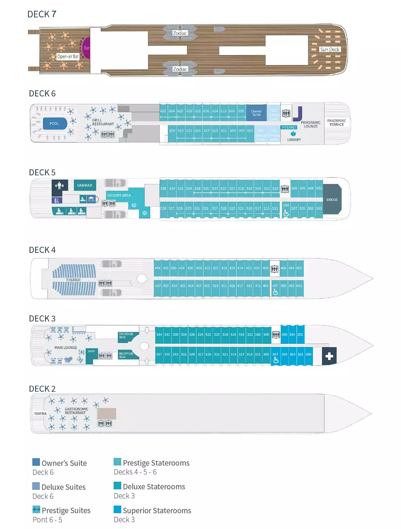 Deck plan of Le Boreal expedition ship, showing 132 staterooms across 6 guest decks.