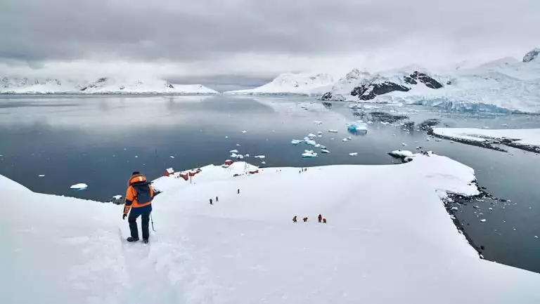 Traveler in orange parka and backpack stands at the top of a snowy hill overlooking an icy and mountainous Antarctica bay.