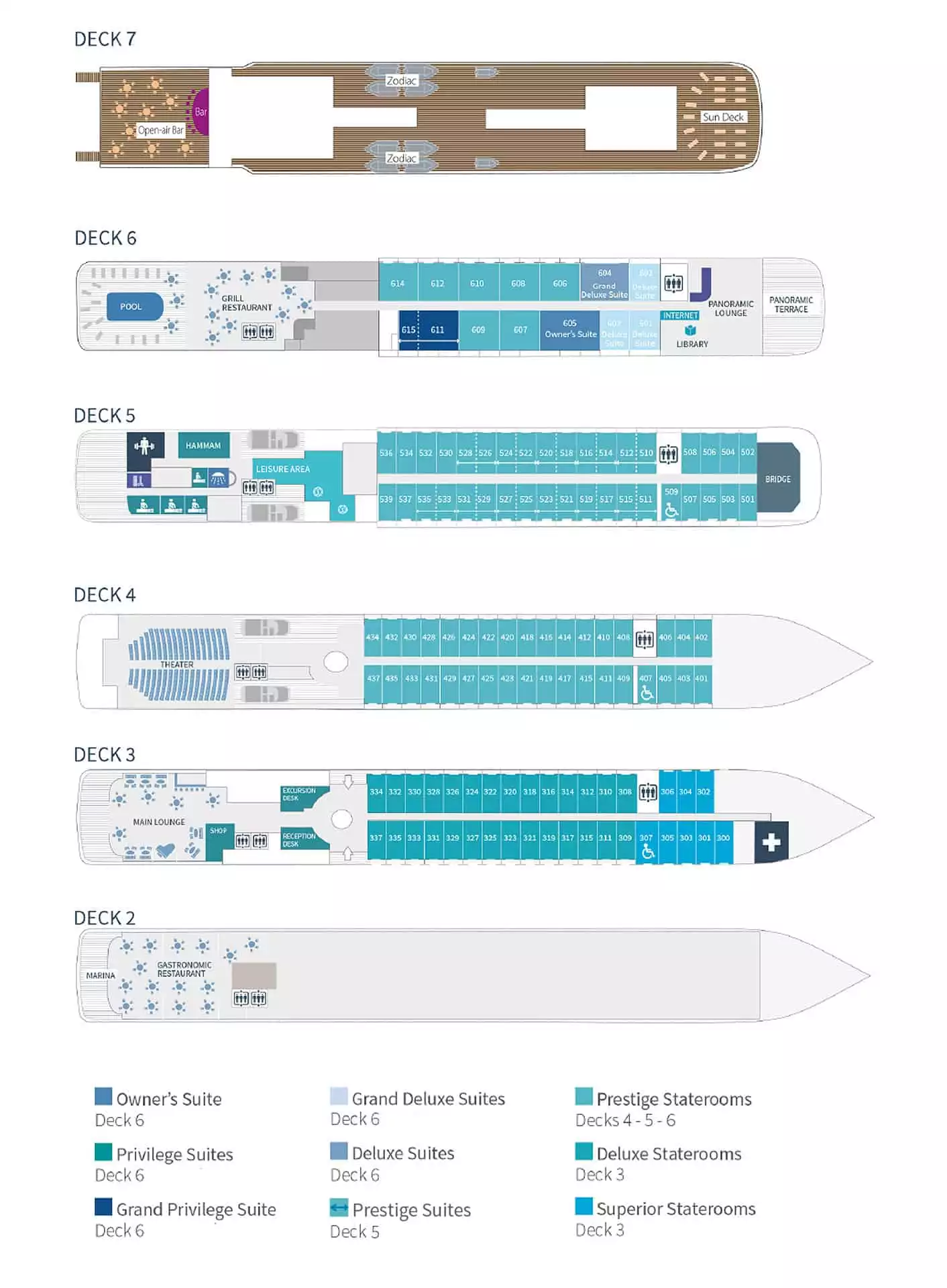 Deck plan of Le Lyrial expedition ship, showing 132 staterooms across 6 guest decks.