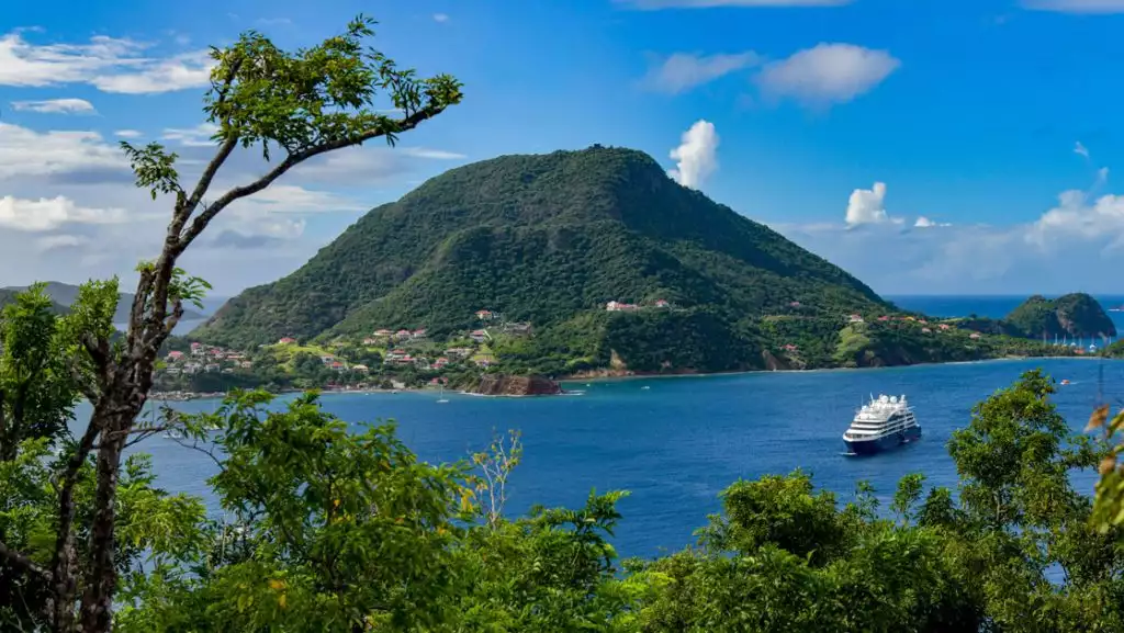 caribbean small ship cruising on turquoise water on a sunny day with palm fronds hanging in the foreground