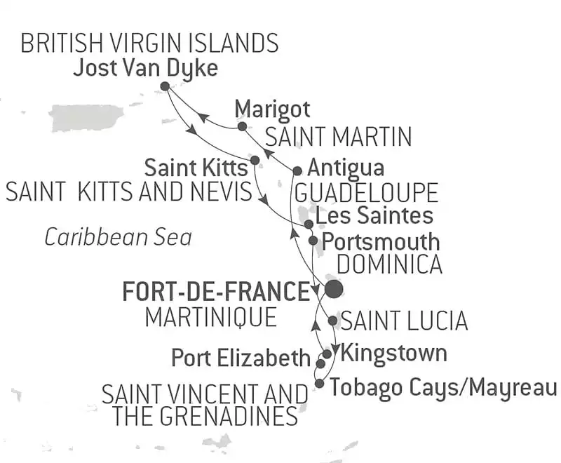 Route map of 13-Day Essentials of the Caribbean Cruise, operating round-trip from Fort-de-France, Martinique, with visits to Port Elizabeth on Bequia Island, Mayreau Island, Tobago, Saint Kitts, Gustavia, Portsmouth, Pigeon Island, Soufriere in Saint Lucia, Antigua, Marigot, Kingstown & "The Saints."
