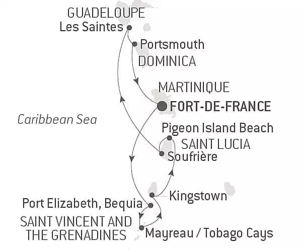 Route map of 9-Day Pearls of the Caribbean Cruise, operating round-trip from Fort-de-France, Martinique, with visits to Port Elizabeth on Bequia Island, Mayreau Island, Tobago, Pigeon Island, Soufriere in Saint Lucia, Kingstown, Portsmouth & "The Saints."