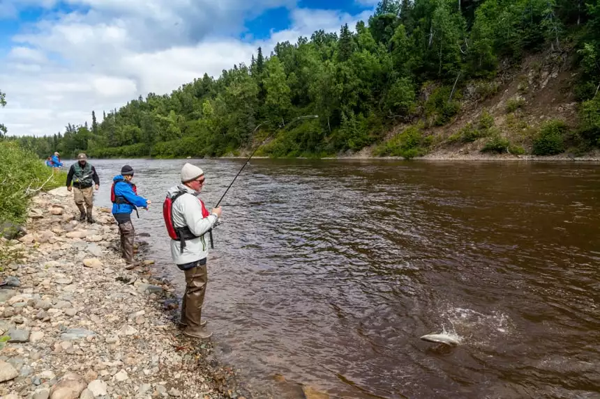 three travelers stand along the banks of a river in Alaska fishing poles in hand, one has a fish on the end of the line, you can see it splash out of the river water. Along the banks are a short hillside of green trees.
