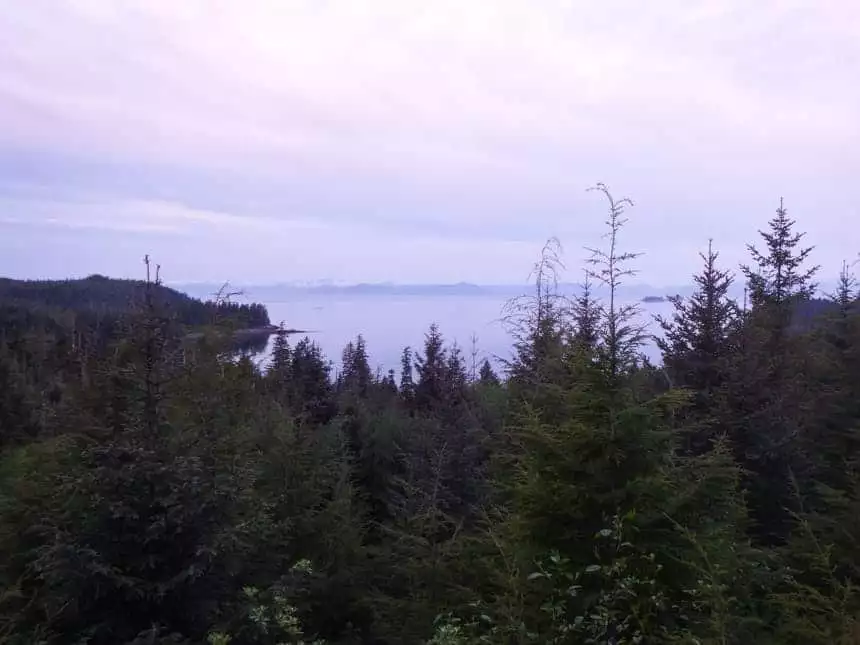 A purple sunset tints the sky above hobart bay in Alaska, a short hike to the top to overlook the green forest that surrounds the bay.