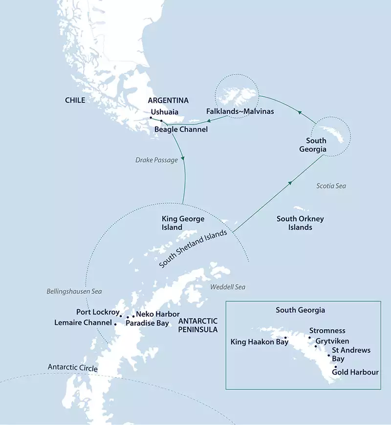 Route map of South Georgia, Falklands & Antarctic Odyssey Cruise reverse route, operating round-trip from Ushuaia, Argentina, counterclockwise.
