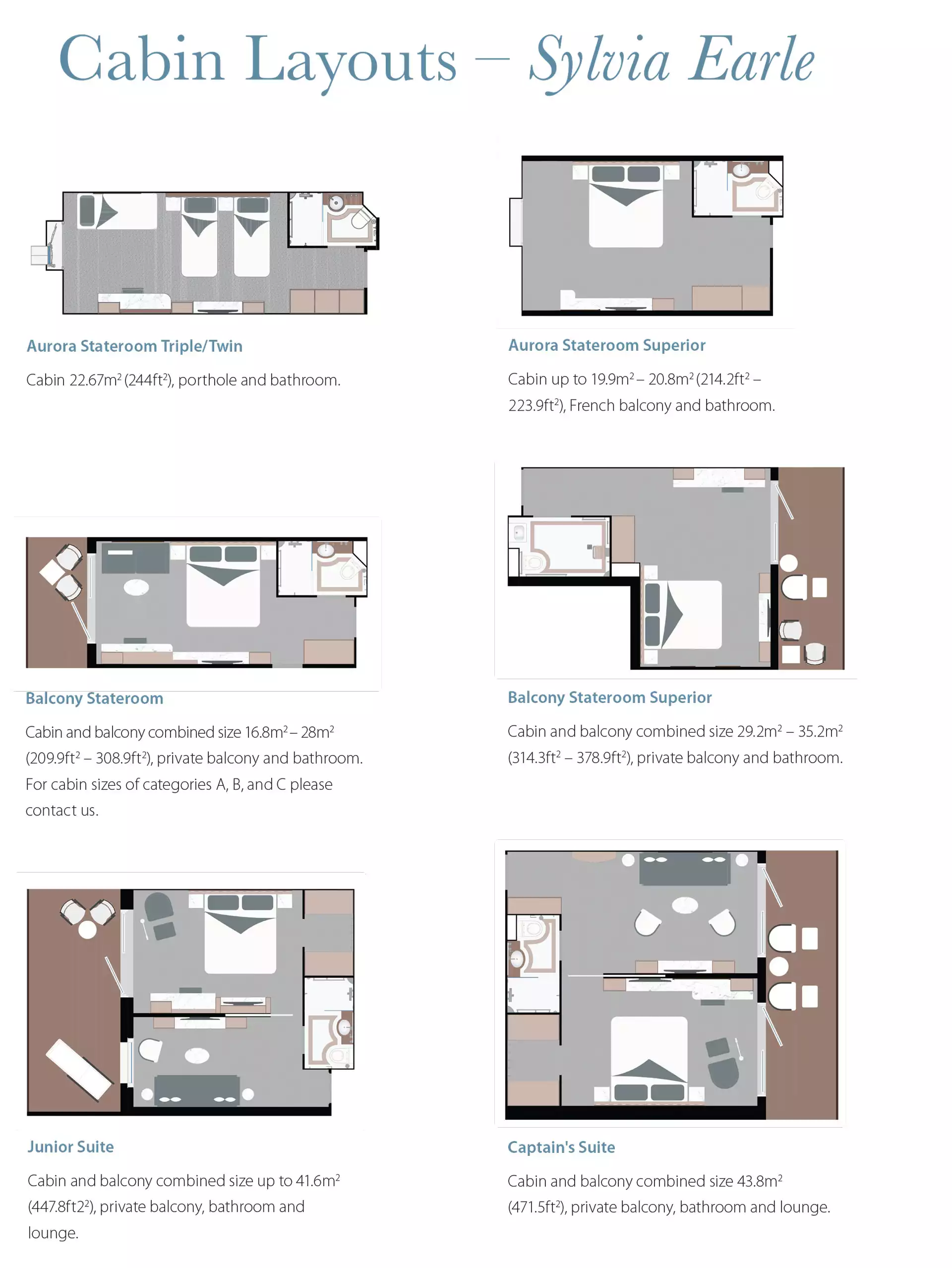 Bird's-eye view of 6 cabin configurations aboard Sylvia Earle ship.