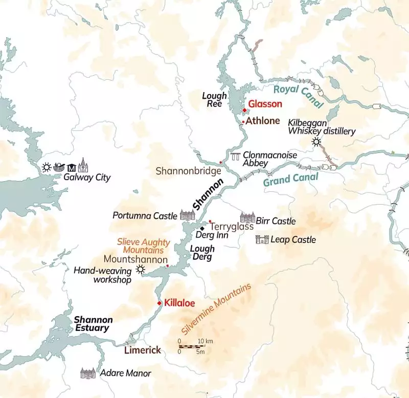 Route map of Classic Ireland River Cruise, operating round-trip from Glasson, along the River Shannon, with visits to Athlone, Shannonbridge, Terryglass, Mountshannon & Killaloe.