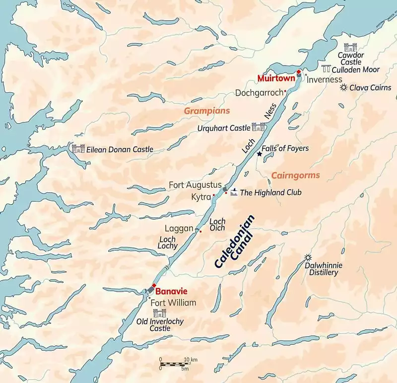 Route map of Classic Scotland Barge Cruise, operating between Inverness & Banavie, with visits to Dochgarroch, Fort Augustus, Kytra & Laggan.