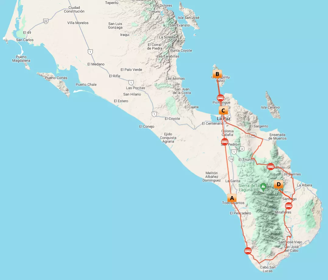 Map of the seas and sierras glamping baja trip, that sows the car route and the stopping points