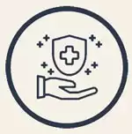 Logo of a blue circle around a shield with a cross and supporting hand graphic indicating Galapagos are a safe destination for travel. 