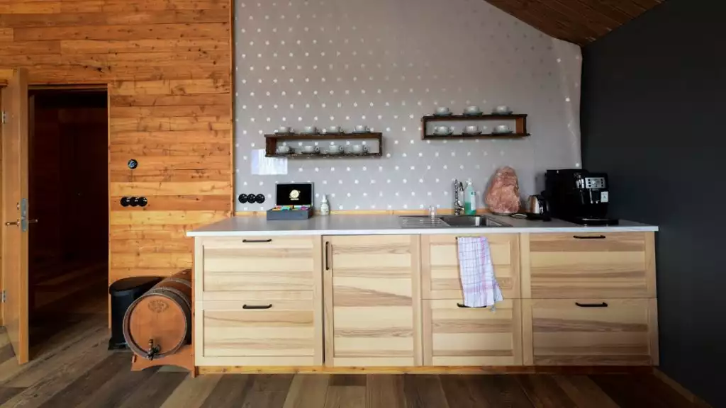 Coffee and tea station in modern Bakki guesthouse