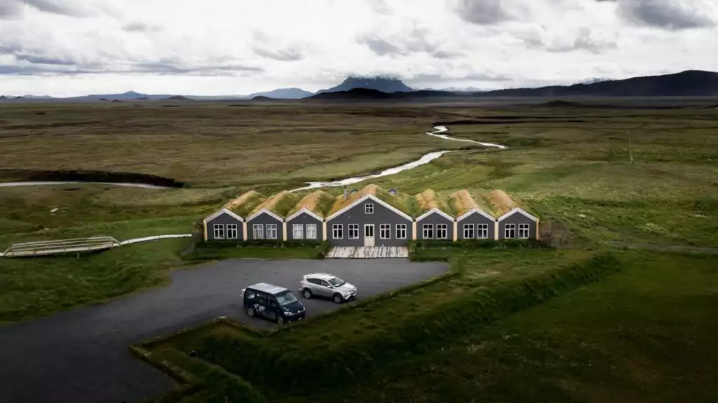 Aerial view of modern Bakki guesthouse