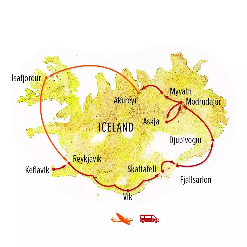 Route map of Iceland Adventure: Circling the Land of Fire & Ice trip, operating round-trip from Reykjavik, with visits to Isafjordur, Akureyri, Myvatn, Modrudalur, Djupivogur, Fjallsarlon, Skaftafell & Vik.