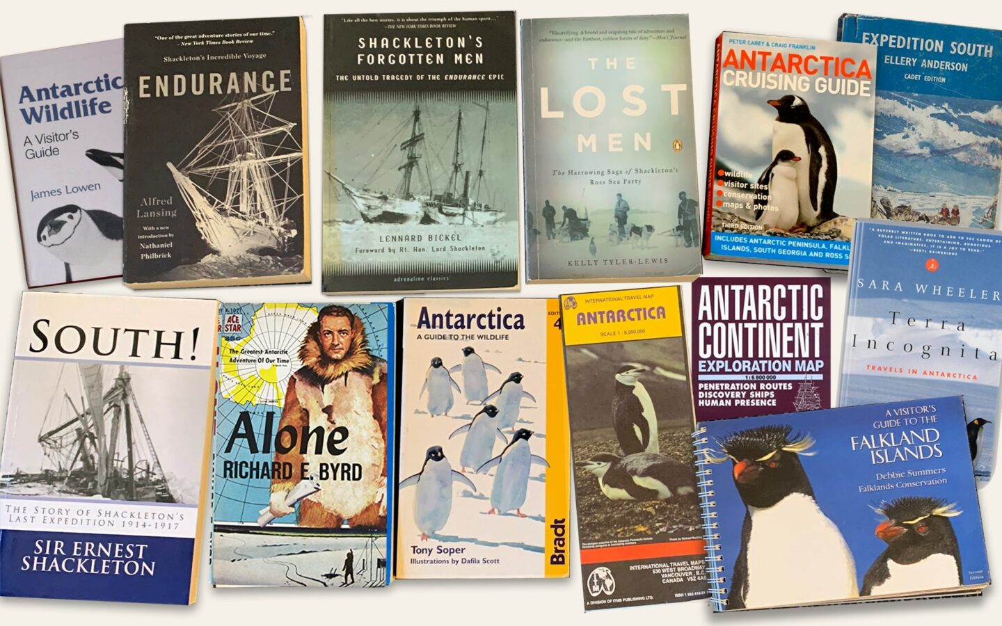 A collage of book covers of the top Antarctica books and recommended reading when preparing for an Antarctica cruise.