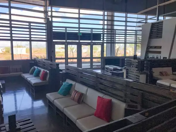 Interior view of seating at the Galapagos airport in Baltra