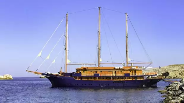 Small ship sailboat the Galileo anchored in the Mediterranean.