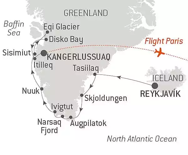 Route map of Expedition to The Ice Edge cruise from Reykjavik, Iceland to Kangerlussuaq, Greenland, ending with a flight to Paris, France.