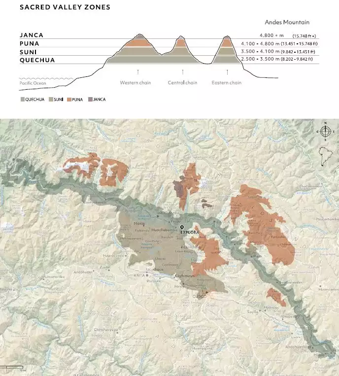 Route map of Explora Sacred Valley showing the lodge's location in Urquillos, Peru & 4 surrounding shaded zones of exploration with elevations.