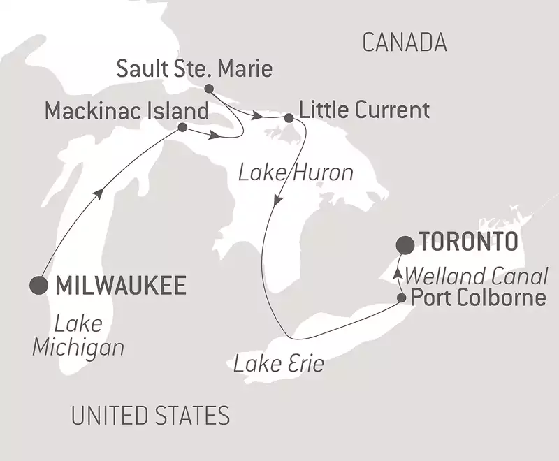 Route map of eastbound Great Lakes of North America cruise from Milwaukee, Wisconsin, to Toronto, Canada.