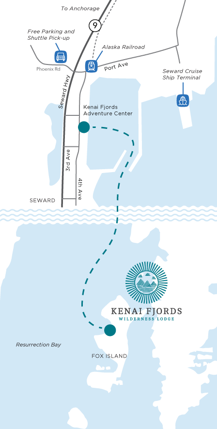 Map showing Seward, Alaska's pick-up spot & boat route to the Kenai Fjords Wilderness Lodge on Fox Island in Resurrection Bay.