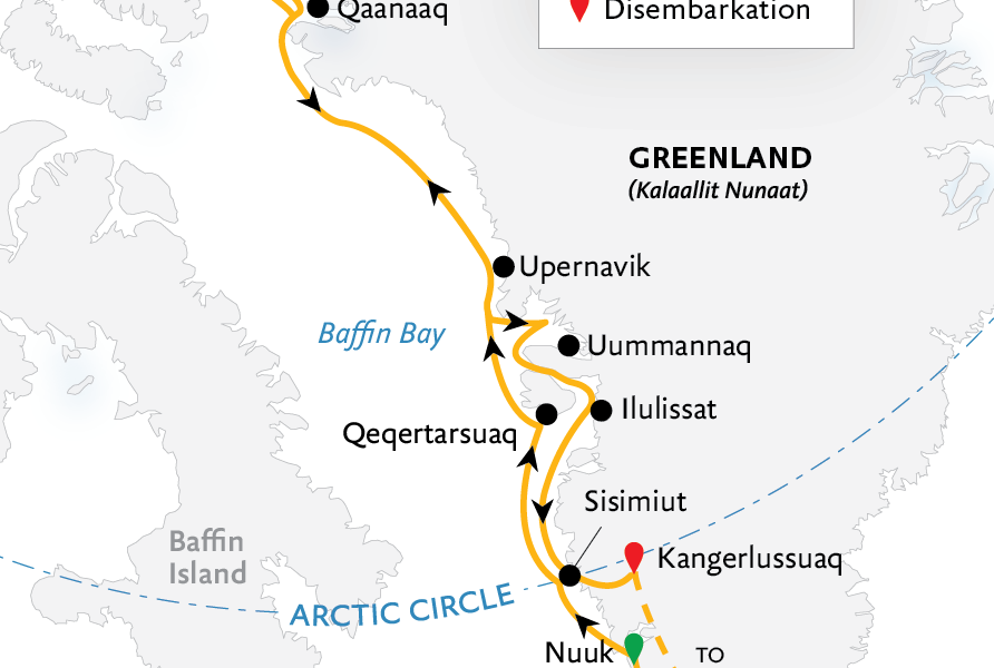 West Greenland: Exploring the Far North cruise itinerary map starting and ending in Reykjavik with 14 days spent in Greenland.