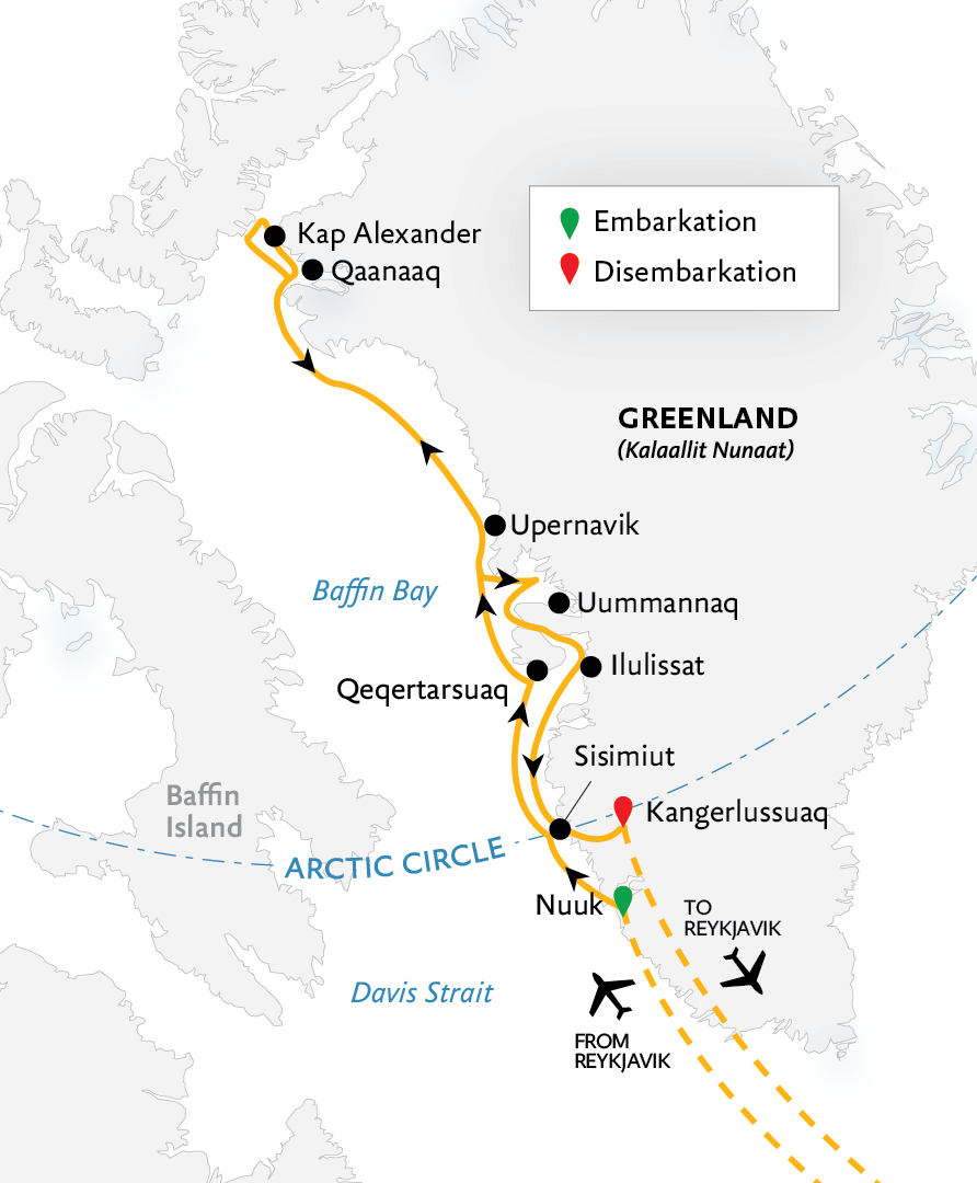West Greenland: Exploring the Far North cruise itinerary map starting and ending in Reykjavik with 14 days spent in Greenland.