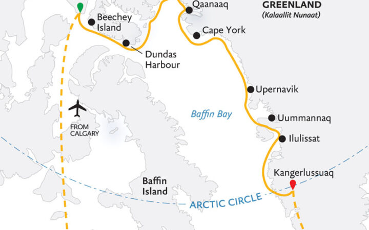 Route map of Northwest Passage: Epic High Arctic cruise from Resolute, Canada to Kangerlussuaq, Greenland, with bookend flights to start in Calgary and end in Reykjavik.