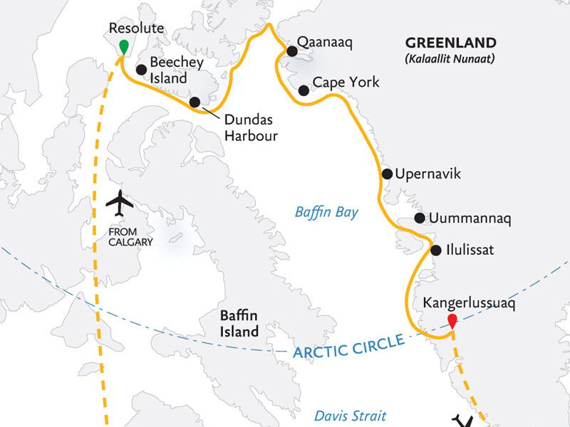 Route map of Northwest Passage: Epic High Arctic cruise from Resolute, Canada to Kangerlussuaq, Greenland, with bookend flights to start in Calgary and end in Reykjavik.