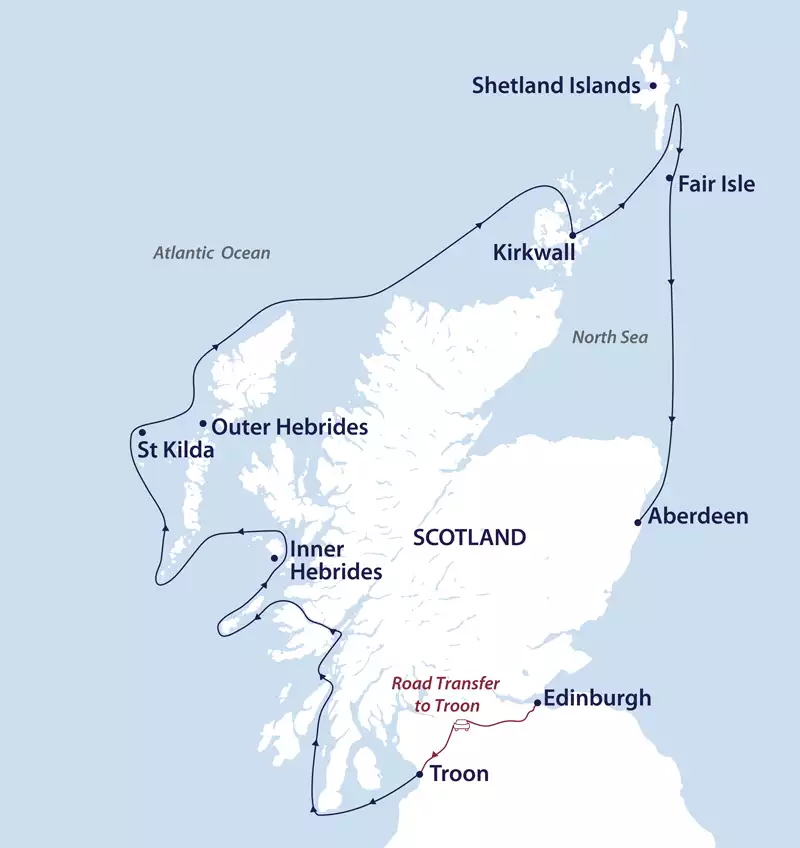 Route map of Wild Scotland cruise, operating from Edinburgh overland to embark in Troon, then up the west coast to the Shetland Islands before ending in Aberdeen on the east coast.
