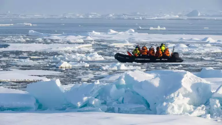 Zodiac full of North Pole travelers in orange jackets cruises among small pieces of ice on a sunny day in the Arctic.
