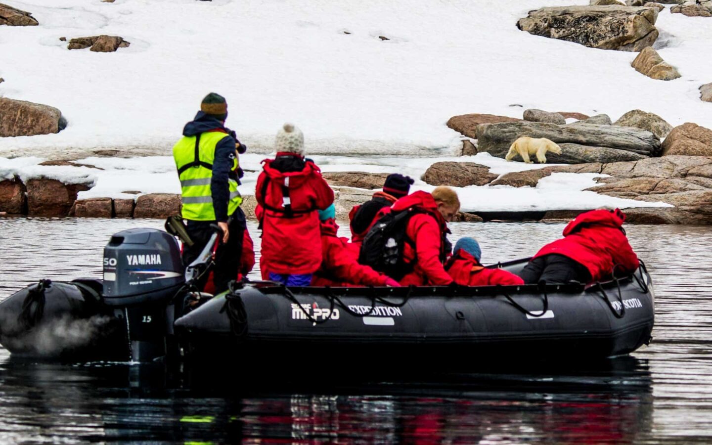 Arctic travelers in an inflatable skiff looking at a polar bear on shore walking thorugh the snow and rocks.