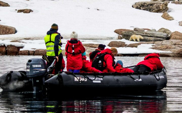 Arctic travelers in an inflatable skiff looking at a polar bear on shore walking thorugh the snow and rocks.