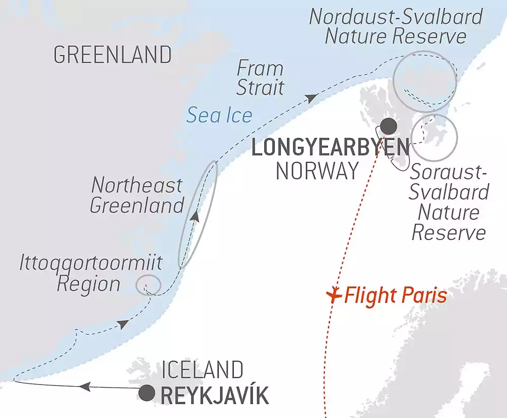 Route map of In The Ice of The Arctic, From Greenland to Svalbard voyage from Reykjavik, Iceland to Longyearbyen, Spitsbergen with a charter flight to end in Paris, France.
