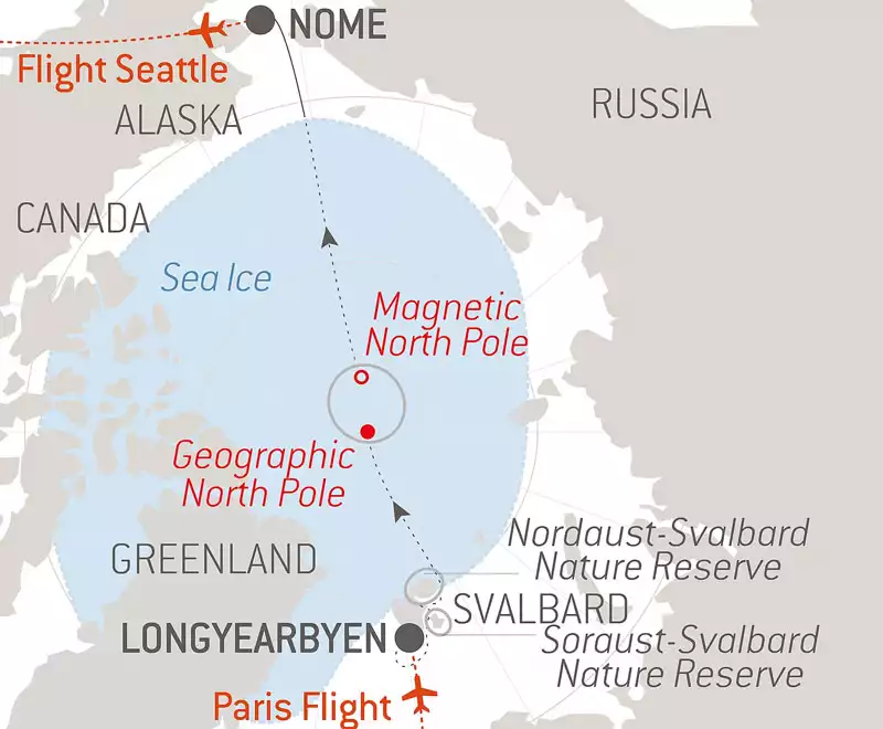Route map of Le Commandant Charcot Transarctic Expedition, from Longyearbyen, Svalbard by way of Paris, along the Magnetic & Geographic North Poles, to Seattle, Washington via Nome, Alaska.