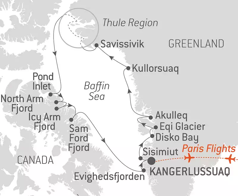 Route map of Expedition to The Thule Region cruise, operating round-trip from Kangerlussuaq, Greenland, with bookend flights connecting Paris, France.