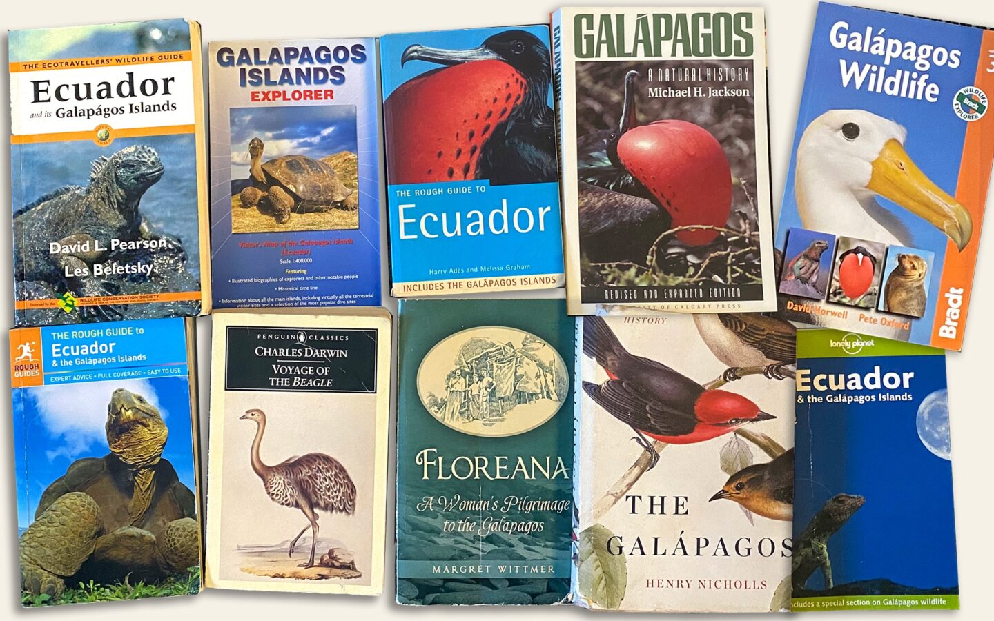 A collage of book covers of the top Galapagos books and recommended reading when preparing for an Galapagos cruise.