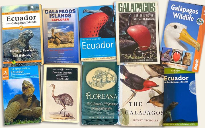 A collage of book covers of the top Galapagos books and recommended reading when preparing for an Galapagos cruise.