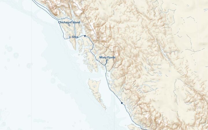 Route map of Alaska's Inside Passage & Hubbard Glacier cruise from Vancouver to Sitka.
