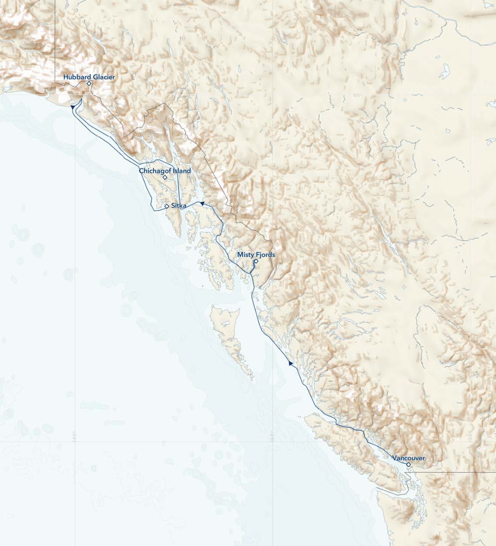 Route map of Alaska's Inside Passage & Hubbard Glacier cruise from Vancouver to Sitka.