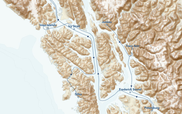 Route map of main, westbound Exploring Alaska's Coastal Wilderness cruise, from Juneau to Sitka, with visits to Glacier Bay National Park & more.