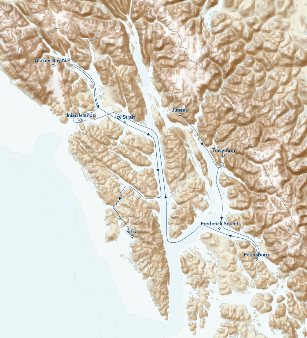 Route map of main, westbound Exploring Alaska's Coastal Wilderness cruise, from Juneau to Sitka, with visits to Glacier Bay National Park & more.