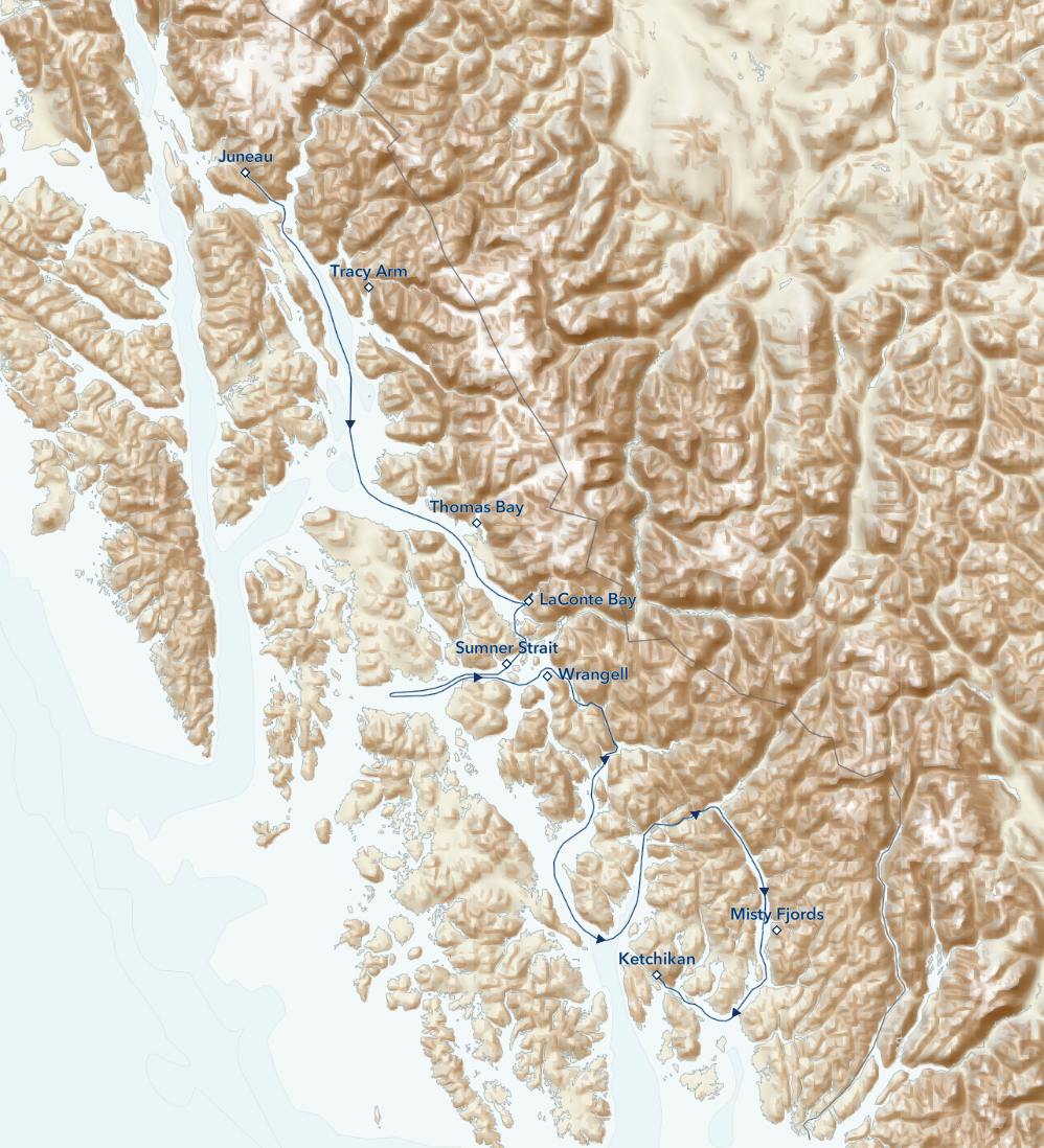 Route map for main, southbound Wild Alaska Escape small ship cruise from Juneau to Ketchikan, with visits to Leconte Glacier & Thomas Bay, Wrangell Narrows, Behm Canal & Misty Fiords & Sumner Strait.