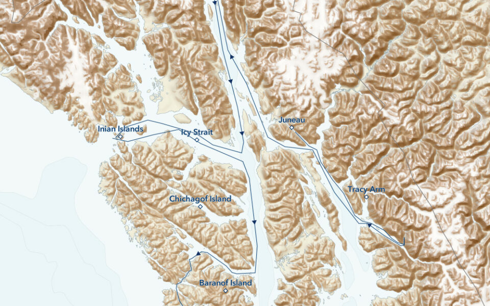 Route map of reverse, westbound Wild Alaska Escape: Sitka & Juneau small ship cruise, with visits to Haines, Tracy Arm & more.